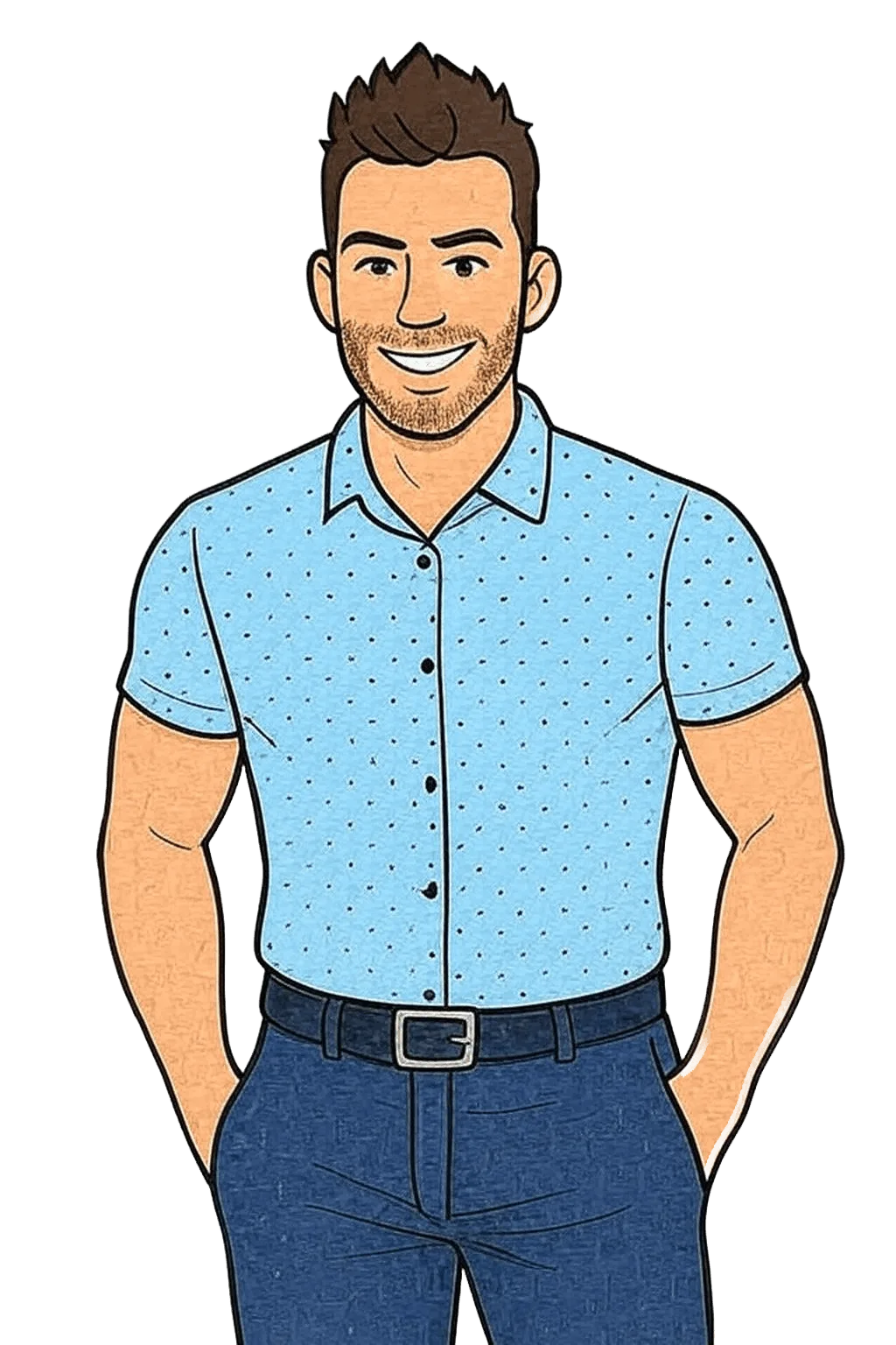 Avatar de Simon Fortin. Chemise bleu et pantalon cargo bleu, main dans les poches