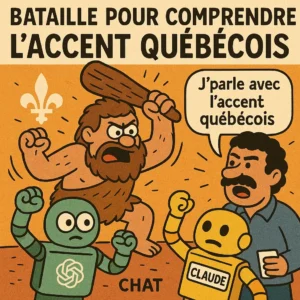 Illustration humoristique d'une bataille entre IA ChatGPT, Claude, et un humain qui représente un assistant IA avec un accent québécois
