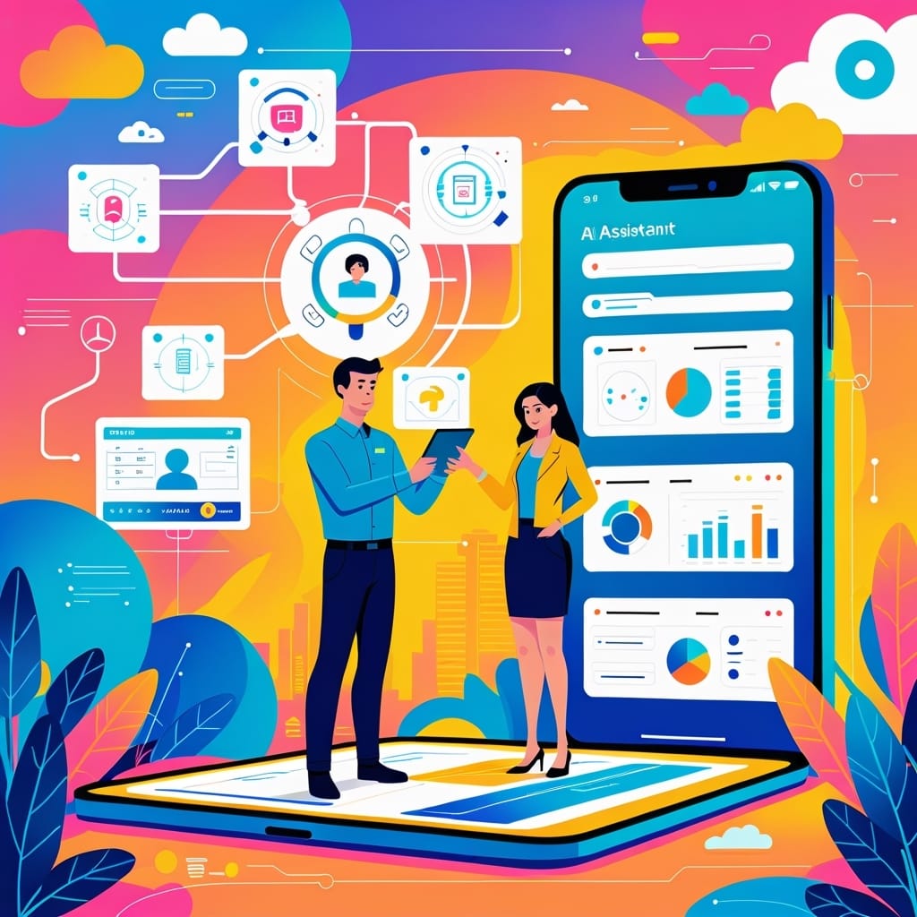 deux personnages sur une tablette avec des icones qui illustrent l'automatisation par IA