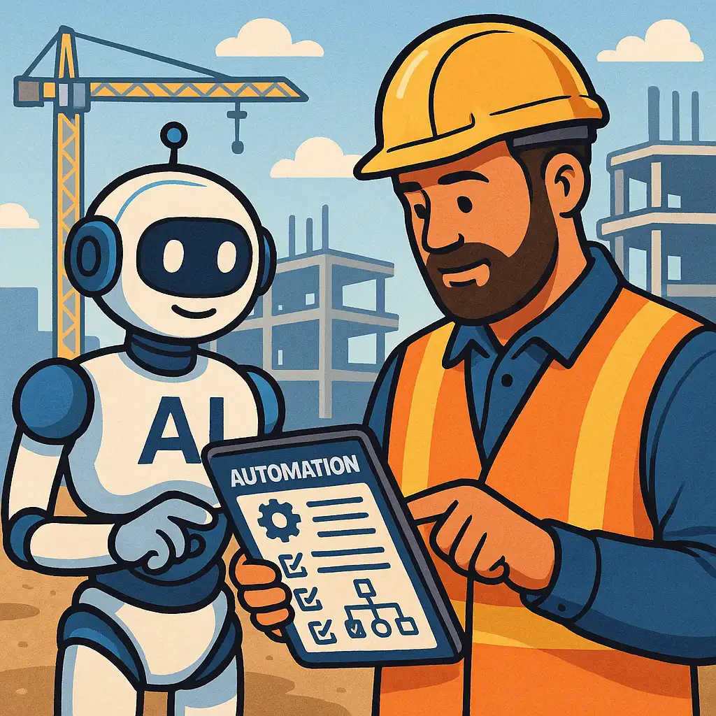 Homme travaillant sur un chantier avec un AI bot qui montre une tablette