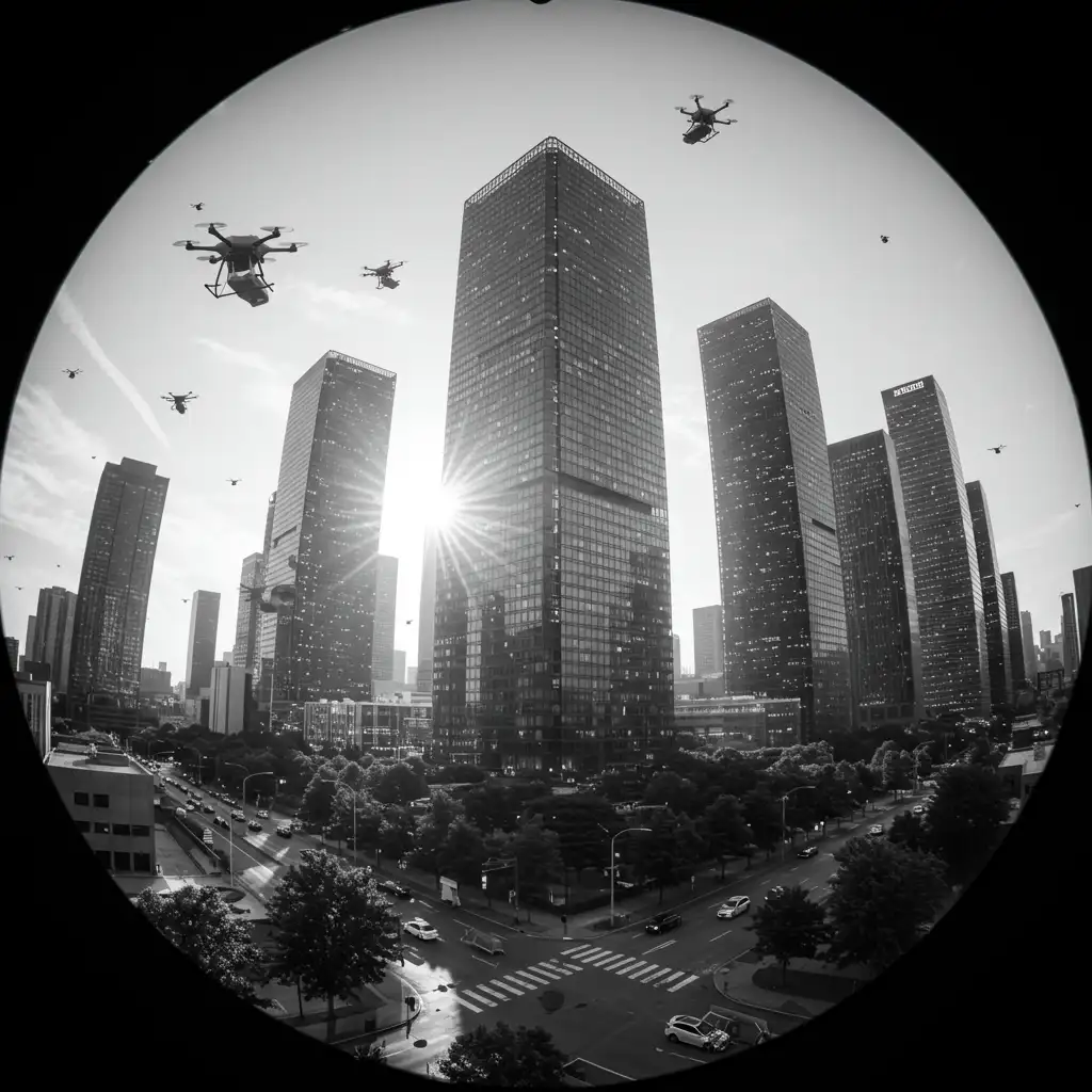 Vue d'une ville en mode fish eye. On peut voir des drônes