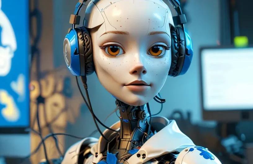 Femme robot avec couleur bleu représentant un IA pour centre d'appel