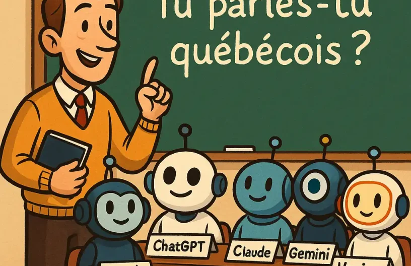 Illustration d'un professeur qui apprends à des élèves robot LLM comment parler le québécois avec des chatbots au Québec